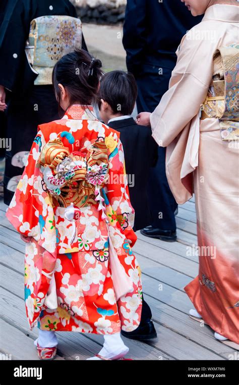 Little Japanese Girl In Her Ceremonial Kimono At A Shinto Wedding On