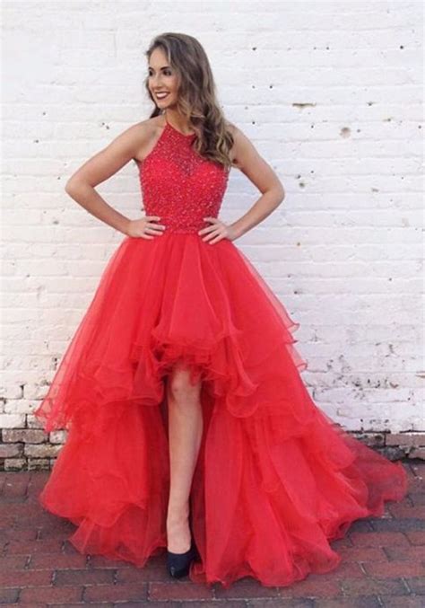 Sexy Hi Low Prom Dress Beaded Red Prom Gown Red Organza Graduation Dress · Sancta Sophia