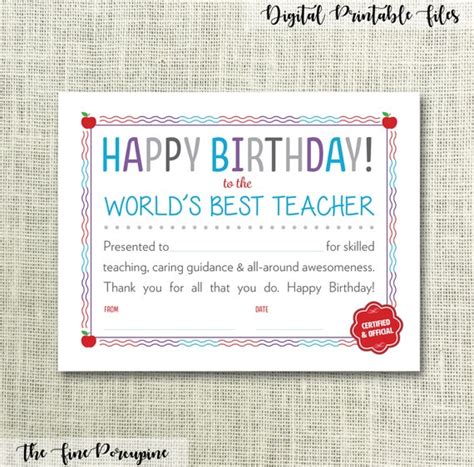 Happy Birthday Teacher Printable Certificate Worlds Birthday Wishes