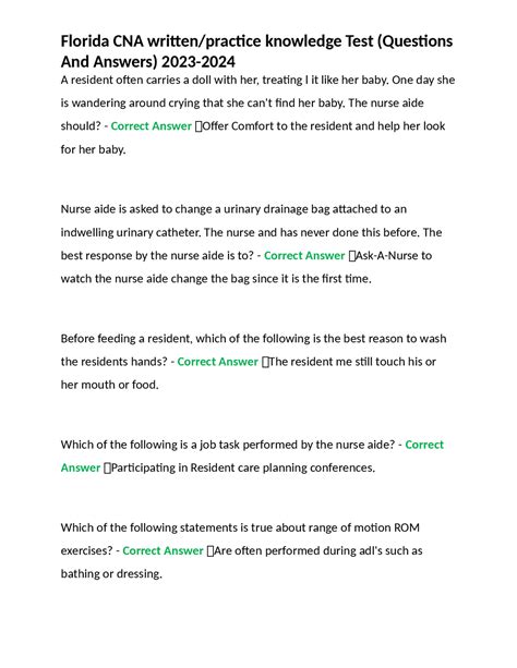 Florida CNA written/practice knowledge Test (Questions And Answers