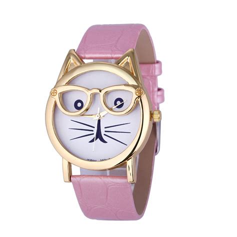 Cat Watch With Glasses Gold Dial Fashion Women Quartz Water Prop Shapes