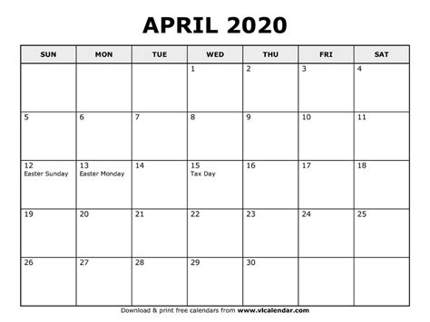 Printable April 2020 Calendar 2020 Calendar Template Calendar