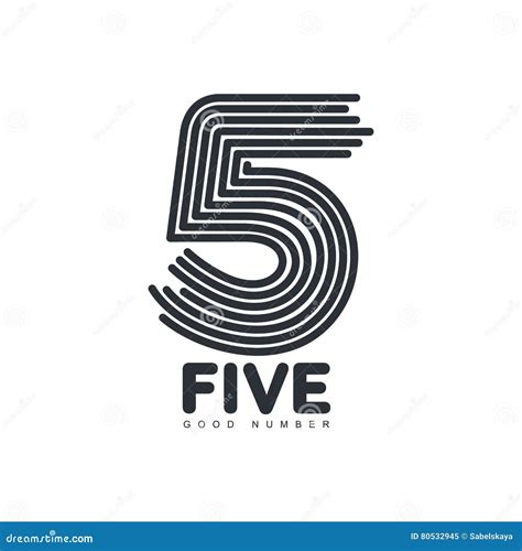 Black And White Number Five Logo Formed By Repeating Lines Stock Vector