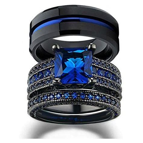 loversring his and hers wedding ring sets couples rings 10k black gold filled blue cz wedding