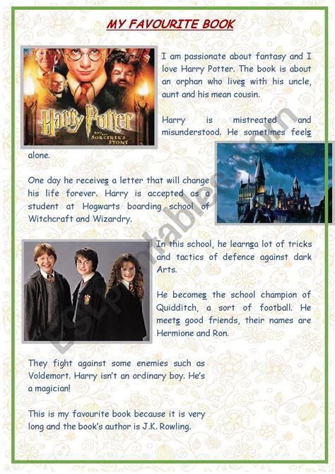 My Favourite Book Harry Potter Esl Worksheet By Snoberth
