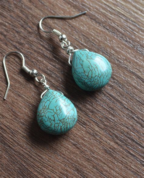 Blue Stone Ear Rings Turquoise Stone Earrings White Gold Earrings