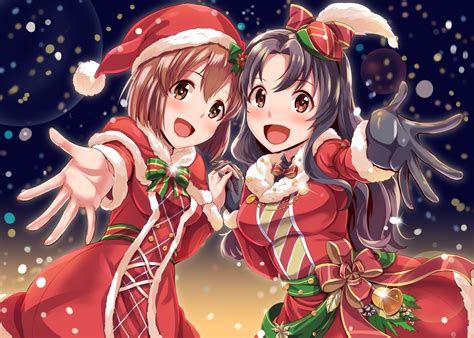 2girls Bell Black Hair Blush Bow Breasts Brown Eyes Brown Hair Christmas Dan Orange Train