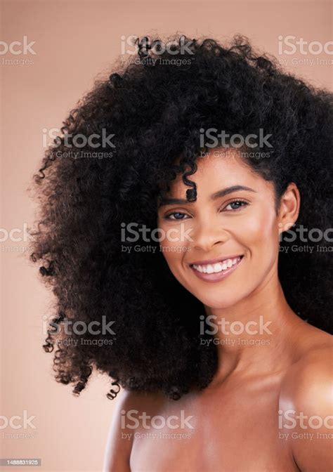 Black Woman Afro Hair Or Skincare Glow Portrait On Isolated Studio