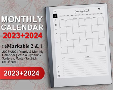 Remarkable 2 Templates 20232024 Yearly And Monthly Calendar Etsy Canada