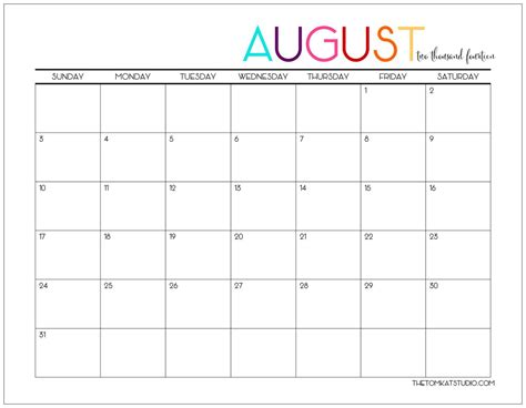 August Calendar The Tomkat Studio Blog
