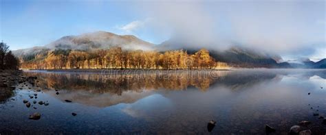 Scottish Lake In The Early Morning Autumn Panorama At Loch Lubnaig