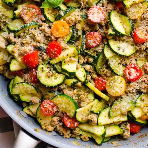 Set your instant pot's this healthy but hearty turkey chili is one of my favorite cozy comfort foods. Low Carb Ground Turkey Zucchini Skillet with Pesto - iFOODreal