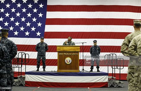 Us Secretary Of Defense Leon Panetta Speaks During A Visit Onboard