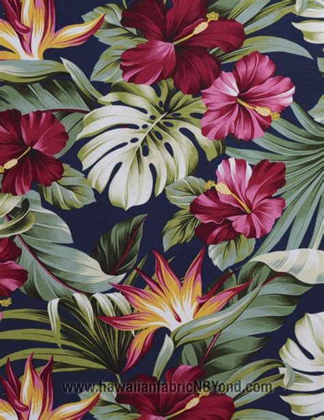 Rayon Hawaiian Fabric Beautiful Tropical Flowers And Leaves On A Navy