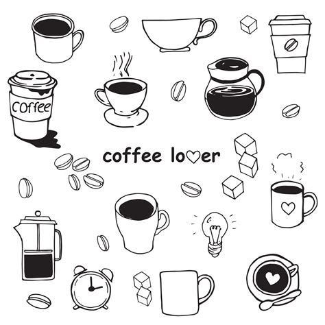 Doodle Style Vector Illustration Set With Simple Drawings Of Coffee Mugs Coffee Grains Cute