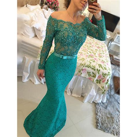 long sleeve lace prom dresses off the shoulder teal prom dress with lace appliques pearl