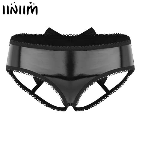 black sexy ladies womens cut cage back hipster panty lingerie wet look faux leather bowknot low