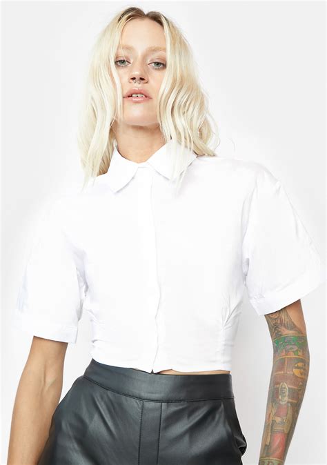 Collared Button Up Crop Top White Dolls Kill