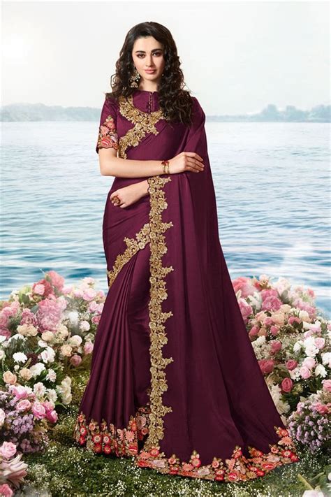 wine fancy fabric embroidered wedding saree sarees designer collection