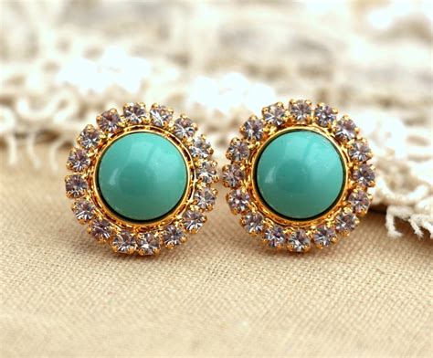 Turquoise Gold Crystal Stud Earrings Swarovski Crystal Earring