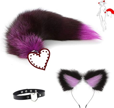Fur Wolf Purple And Black Ears Hair Clips And Leather Black Love Shaped Collar Fox Tail Hair