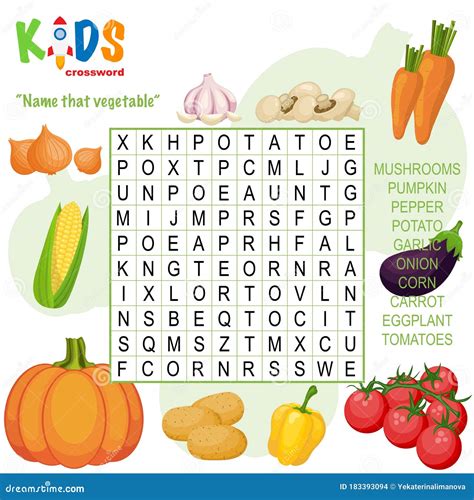 Easy Word Search Crossword Puzzle `Name that Vegetable` Stock Vector