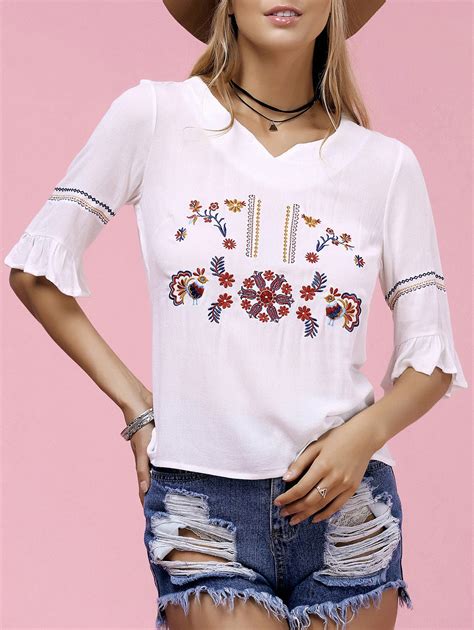 Off Trendy V Neck Embroidered Women S T Shirt Rosegal