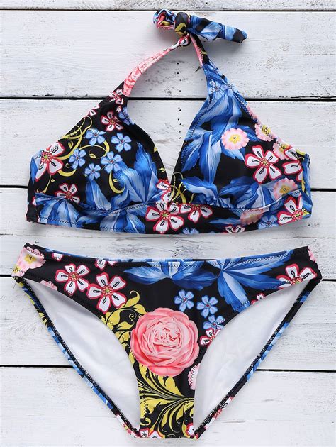 Off Halter Neck Flower Print Bikini Set In Black Zaful