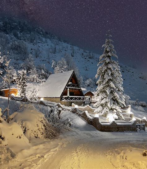 Mountain Hut Covered In Snow On A Winter Night Stock Image Image Of