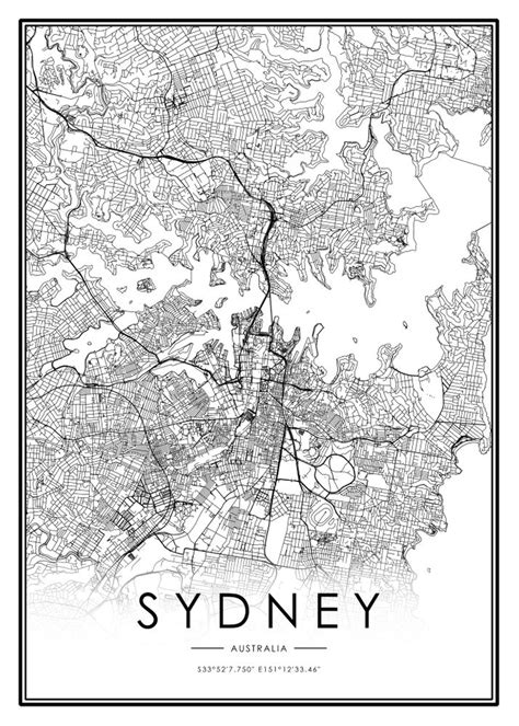 Sydney City Map Australia White And Black Art Print By 23maps City