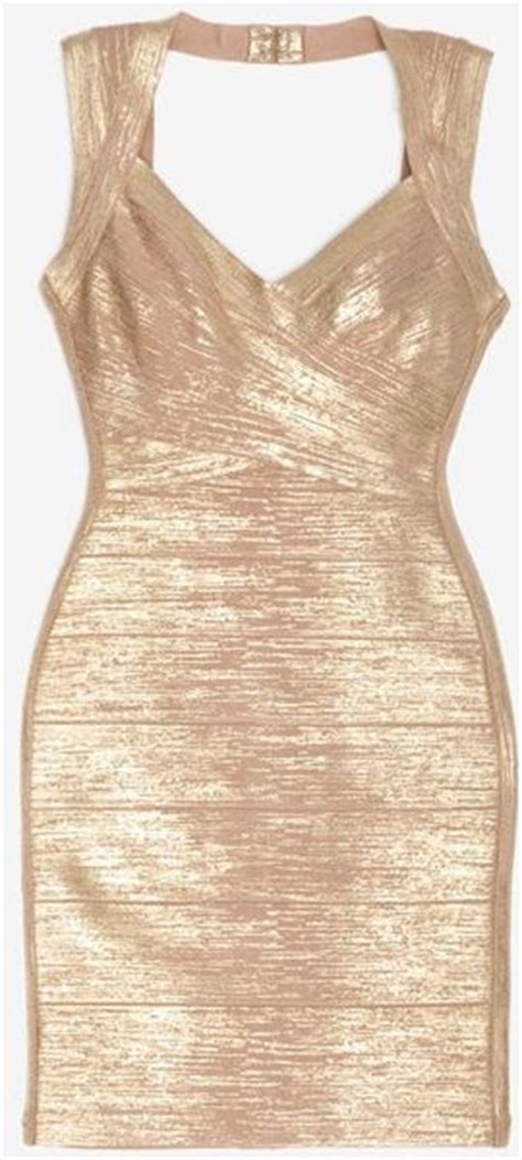 Hervé Léger Gold Foil Thick Strap Bandage Dress In Gold Lyst