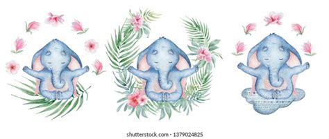 Watercolor Yoga Elephant Lotus Position Flowers Stock Illustration