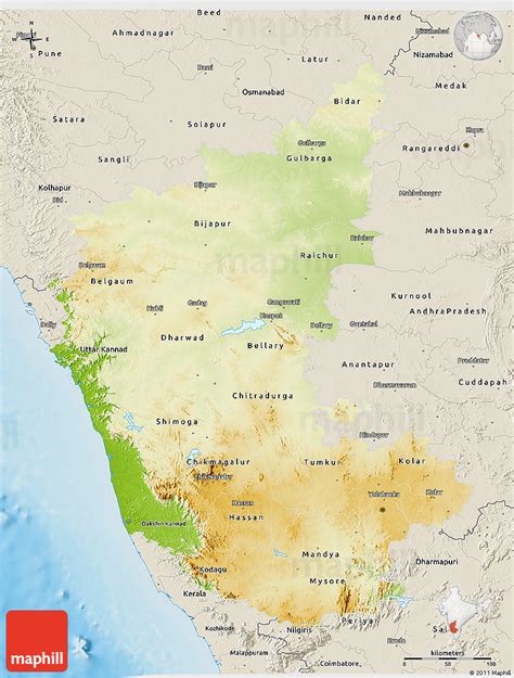 India profile brings you the karnataka map that shows you the important tourist places in karnataka india. Physical 3D Map of Karnataka, shaded relief outside