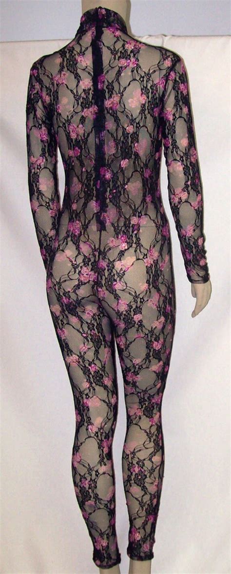 Sheer Lace Black With Pink Roses Unitard Catsuit Bodysuit