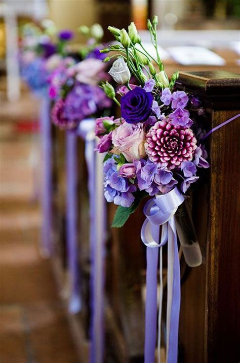 Wedding pew decorations have come a long way, since the basic pew bow! Purple Flower Chapel Wedding Ceremony | Purple wedding ...