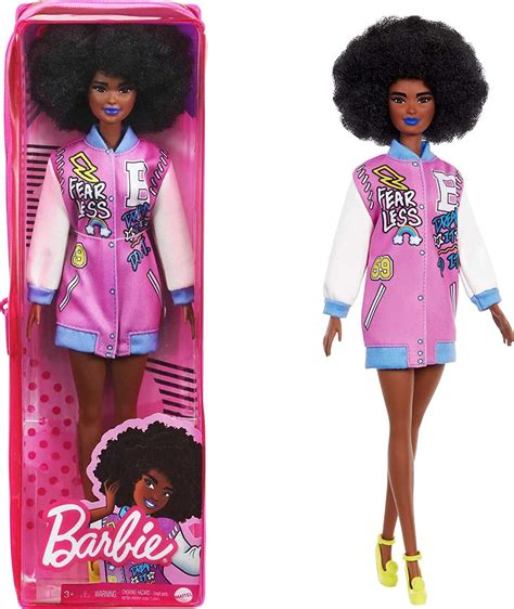 Barbie Fashionistas Doll 156 With Brunette Afro And Blue Lips Wearing Graphic Coat