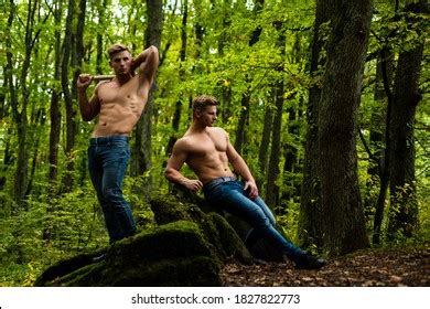Topless Shirtless Male Models Jeans Pants Stock Photo