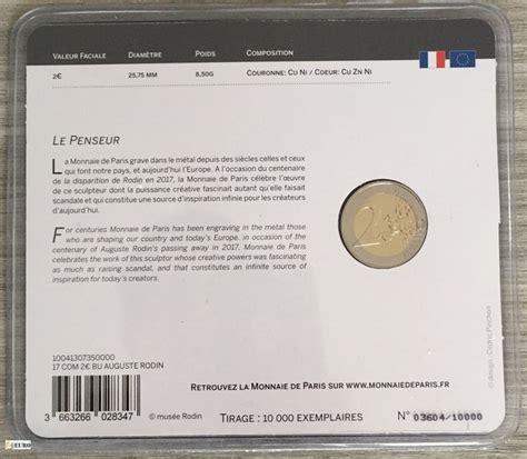 2 Euro France 2017 100 Years Death Of Auguste Rodin Bu Fdc Coincard