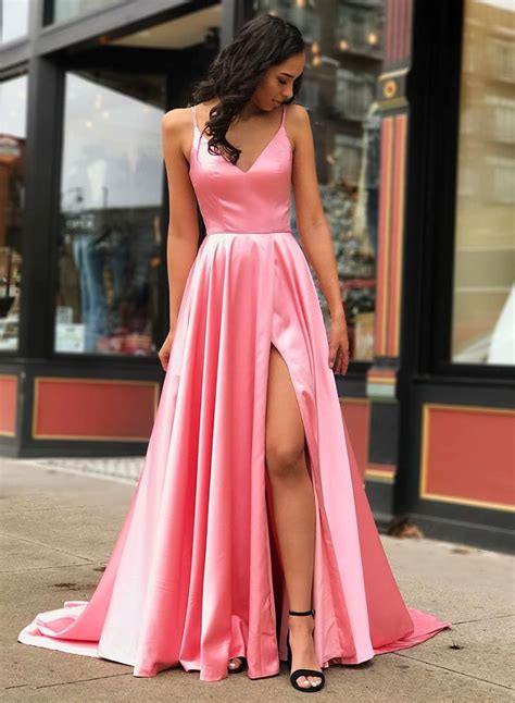 Simple V Neck Pink Satin Prom Dress With Split Side Pink Evening Dress
