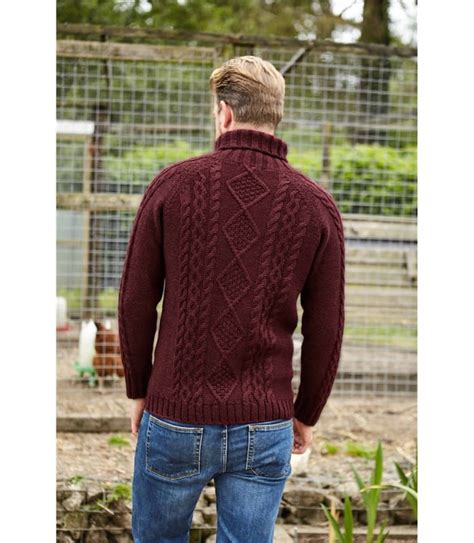 Dark Cranberry Pure Wool Knitted Aran Polo Neck Jumper Woolovers Au