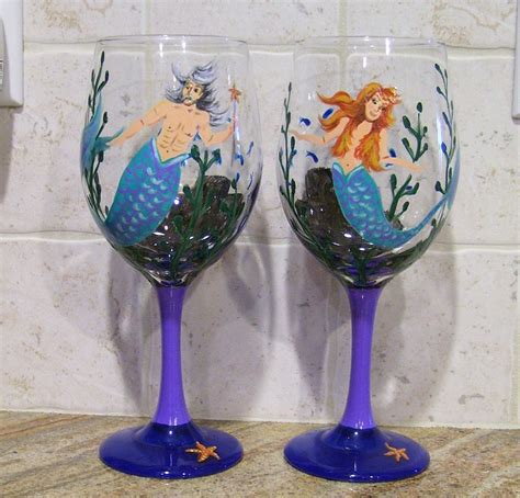 Mermaid Wine Glasses Male Female Hand Painted Set By Roseartworks