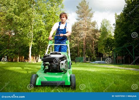 Lawn Mower Man Stock Photo Image Of Happy Lawnmower 16597050