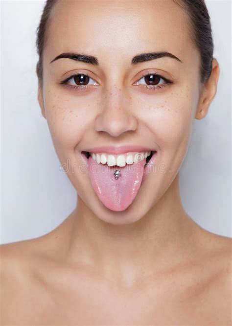 Beautiful Woman Sticking Out Her Tongue And Showing Young Piercing Stock Image Image Of