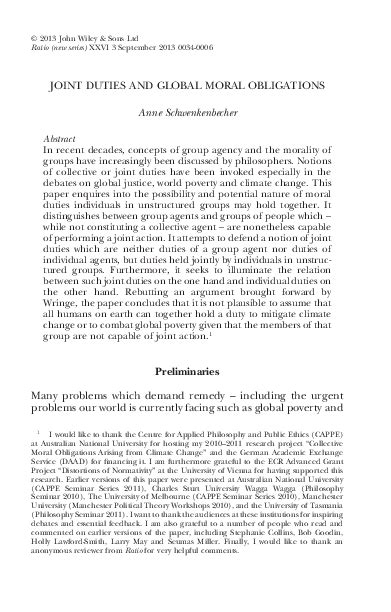 (PDF) Joint duties and global moral obligations | Anne Schwenkenbecher - Academia.edu