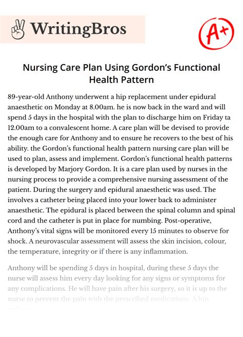 Nursing Care Plan Using Gordons Functional Health Pattern Free Essay