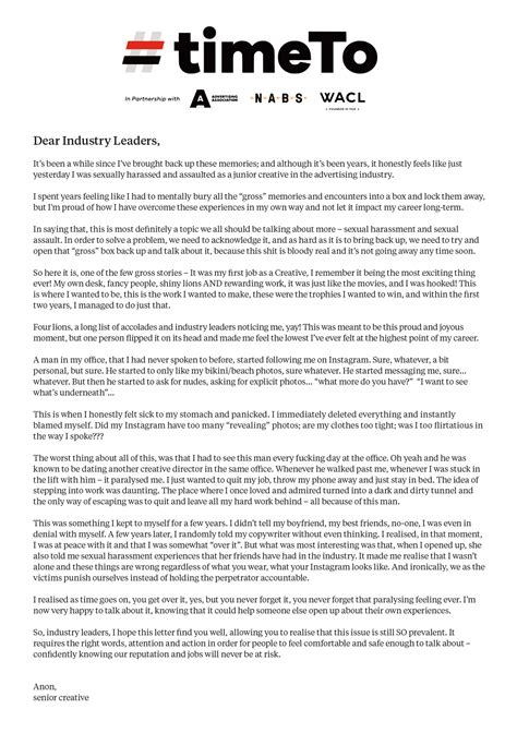 Timeto Share An Open Letter Calling To End Sexual Harassment In Our Industry Nabs