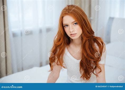 Redhead Woman Sitting On The Bed At Home Stock Image Image Of Cute Indoors 66334547