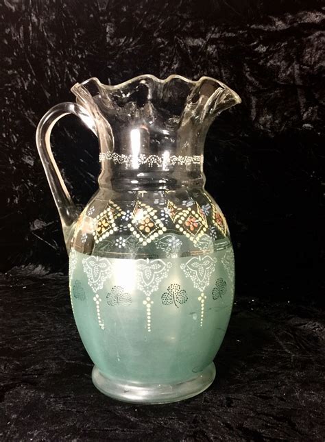 Antique Moser Blown Glass Hand Painted Pitcher With Ruffled Etsy