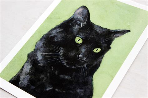 Black Cat Watercolor Painting 5x7 Print Feline Etsy