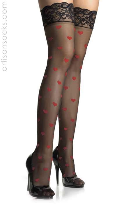 Black Thigh Hi Stockings With Woven Red Hearts Plus Size